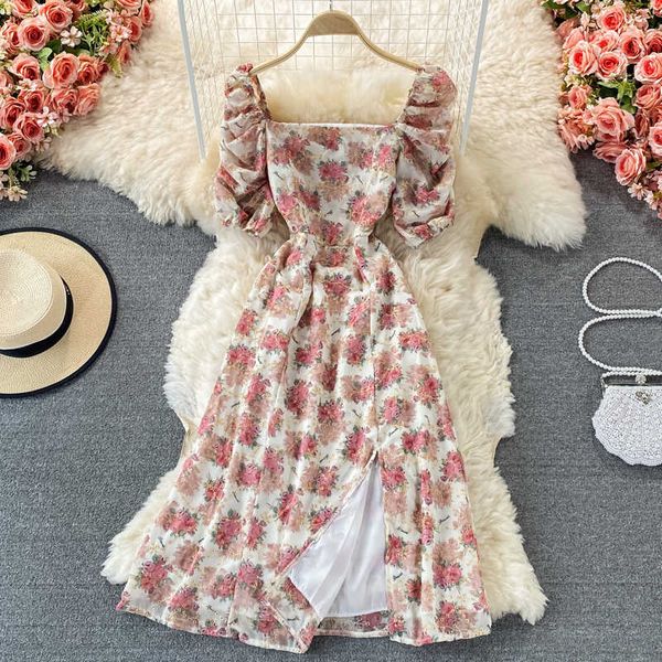 

black/beige/khaki floral printed dress women summer square collar short sleeve bohemian vestidos female elegant casual robe 2021 y0603, Black;gray