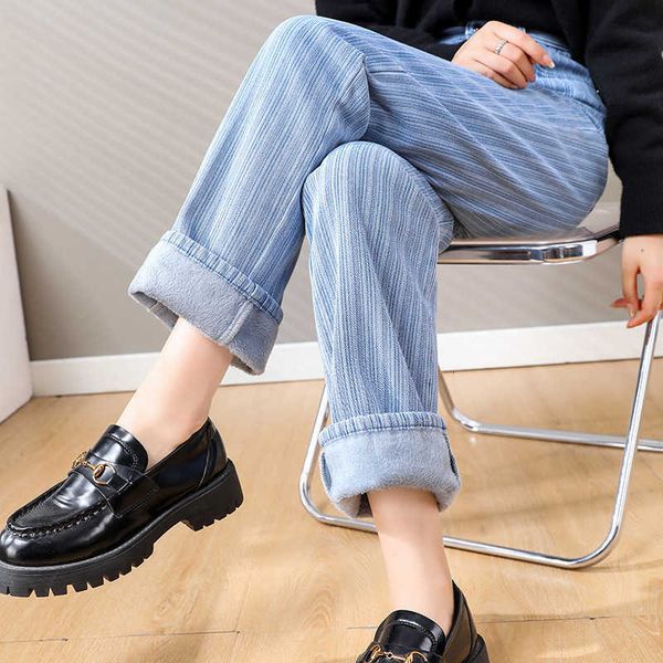 

wide leg jeans women's autumn and winter 2021 plush thickened loose thin high waist straight tube floor mopping pants, Black;white