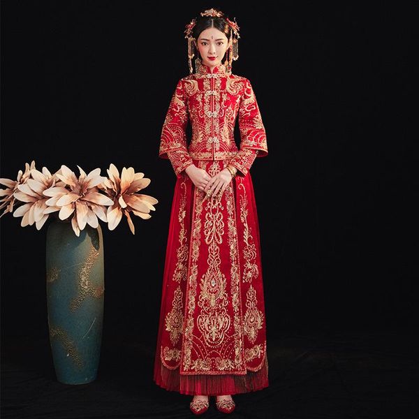 

modern chinese wedding dress arrival cheongsam embroidery qipao women evening bride traditions robe oriental ethnic clothing, Red