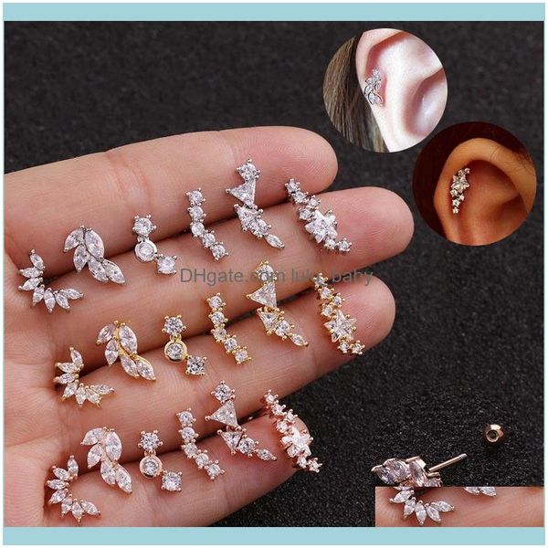 

jewelrywomens girls curved cz zircon crystal cartilage stud earrings rook conch screw back earring ear piercing costume jewelry hoop & hie d, Golden;silver