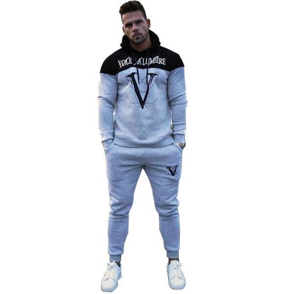 

men's tracksuits running sports suit men sportwear autumn stitching color long-sleeved fitness hooded jacket+pants two-piece tracksuit, Gray