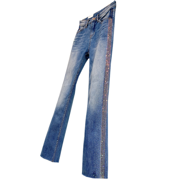 

women's jeans heavy work fashion color diamond women spring autumn high waist slim drilling flare plus size 3xl, Blue