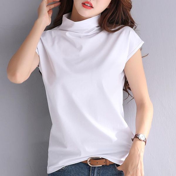 

turtleneck women t-shirts 2021 summer solid slim fashion half sleeved office lady elegant tees outwear women's t-shirt, White