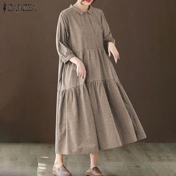 

women's blouses & shirts casual women summer maxi long dress loose soft solid sundress fashion lapel ruffle zanzea female button u, White