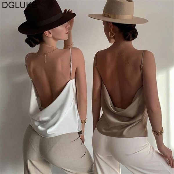 Sexy Backless Satin Top Donna Spaghetti Strap Kahki White Cami Tank Top Summer Party Top Casual Canotta 210623