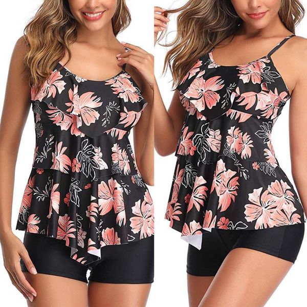 

women's swimwear women bikini two piece swimming suit flounce printed with boyshorts tankini swimsuit, White;black