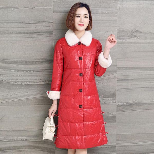 

women's leather & faux quality superior genuine jacket collar winter warm thick parkas women real sheepskin duck down coats, Black