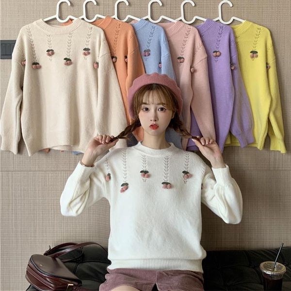 

women's sweaters autumn winter japanese cute sweater o-neck girls sweet cherry pullovers knitted knitwear elegant ladies jumpers, White;black