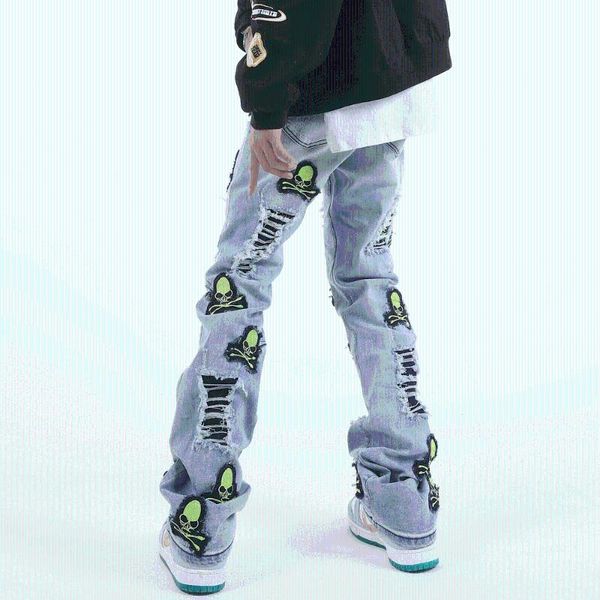 

men's jeans 2021 skull embroidery hole ripped punk gothic men pants skateboard hip hop distressed baggy denim trousers pantalon homme, Blue
