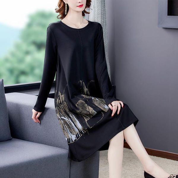

casual dresses spring black print office lady loose midi dress 2021 elegant party vestidos autumn women korean knitting beach, Black;gray