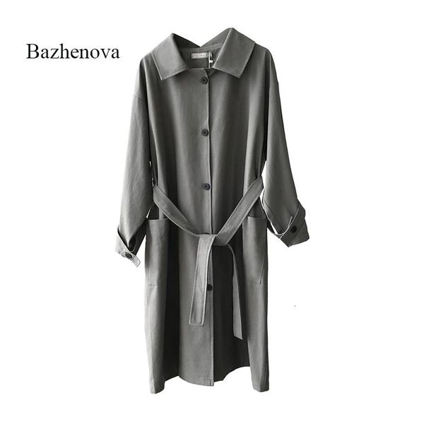 

women's trench coats bazhenova women adjustable waist coat woman loose back button solid color windbreaker girls sweet casual wide-wais, Tan;black