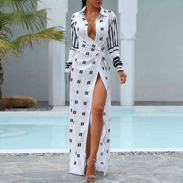 

hem split maxi dresses womens geometry print streetwear bandage turn-down collar dresses long sleeve hollow out long dress y1204, Black;gray