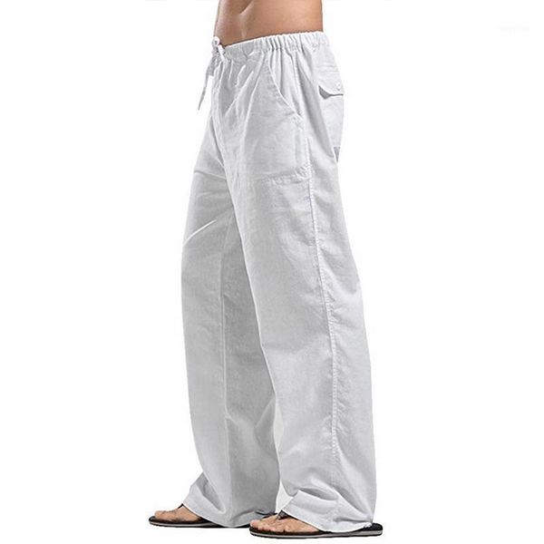 

summer men pants linen solid drawstring straight oversized loose wide leg casual men's clothing, Black