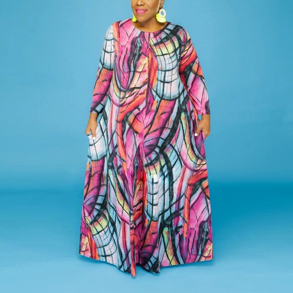 

plus size dresses for women 4xl 5xl elegant geometrical print long sleeve floor length straight loose for evening party vestidos x0521, Black;gray