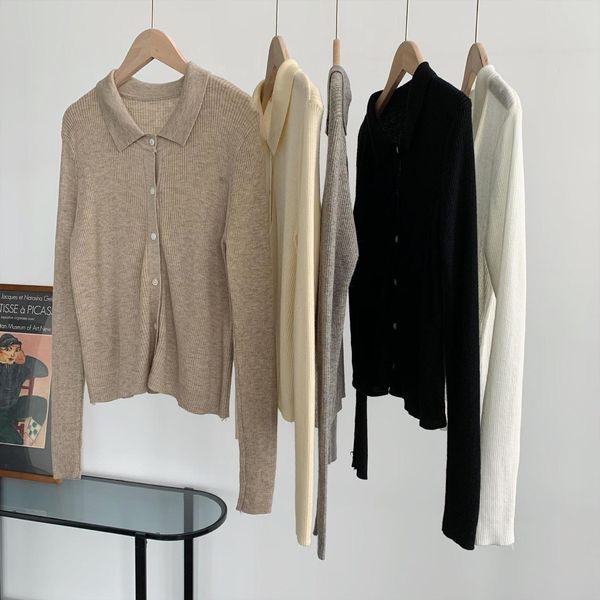 

womens knitted shirt polos neck women sweaters autumn cardigan inside outside coat base, White;black