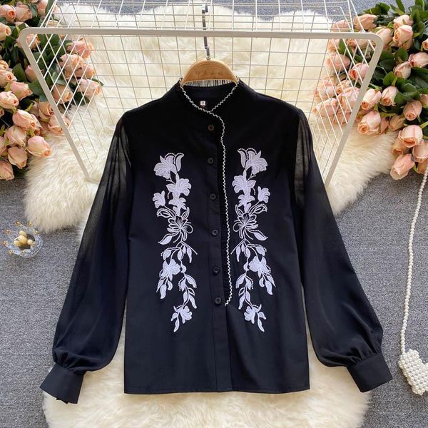 

women's blouses & shirts floral embroidery shirt vintage style black long sleeve single breasted straight blouse 2021 spring autumn fem, White