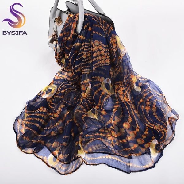

scarves [bysifa] gold silk scarf hijabs women fashion brand summer beach cover-ups ladies navy blue neck 100% long, Blue;gray