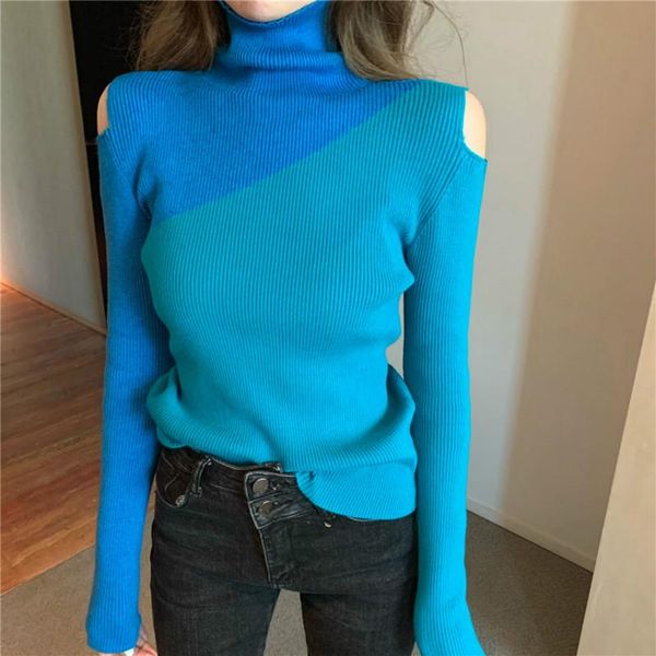 

women's sweaters est autumn winter woman turtleneck color matching design slim fit knitted hollow shoulder chic warm sweater women, White;black