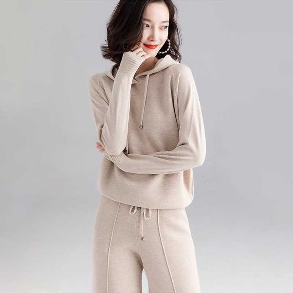 

solid all-match casual autumn winter oversize hooded pullovers sweater coat wide leg pants knitting fashion sets 210610, White