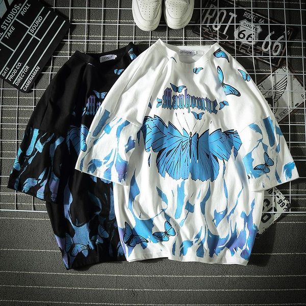 

men's t-shirts 2021 men t shirt harajuku hip hop cotton male short sleeve tees casual streetwear oversized blue butterfly tshirt summe, White;black
