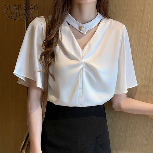 Chiffon Hemd Frauen Büro Dame Einfarbig Tops Blusas Sommer Koreanischen Stil V-ausschnitt Kurzarm Shirt für Frauen 9607 210527