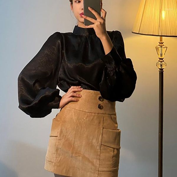 

women's blouses & shirts long lantern sleeve office satin blouse chic ladies shirt white korean fashion clothing black spring women che