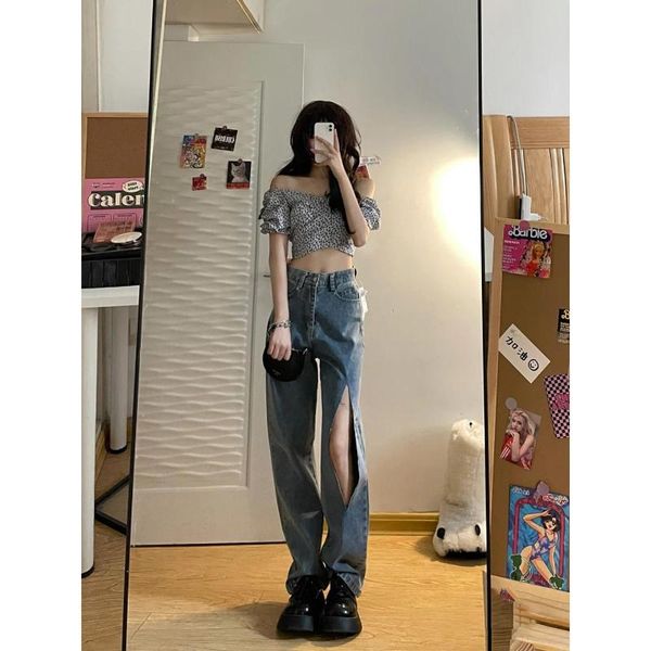 

women's jeans woman high waisted y2k fashion cotton full length hollow out straight street spring autumn vintage girls, Blue