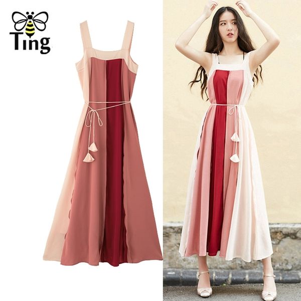 

summer midi dress high street color block striped chiffon pleated long with slashes vestido de festa 210513, Black;gray