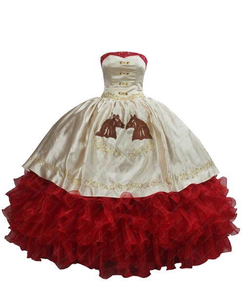 

2022 gorgeous horse embroidered quinceanera dresses mexican style strapless gold beaded ball gown organza ruffle sweet 16 dress corset, Blue;red