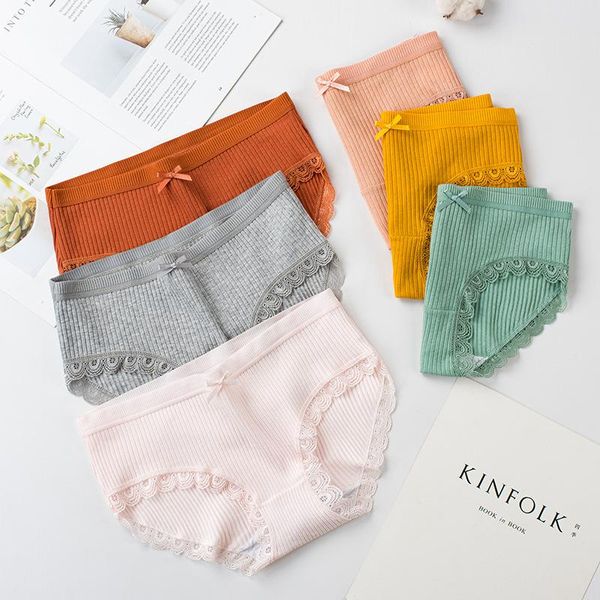 

women's panties 3 pairs/lace underwear cotton mid-waist pure thread big wave lace girl large size briefs women, Black;pink