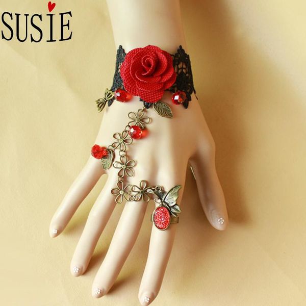 

charm bracelets love susie retro women party accessories rose red crystal chain vantage elegant hands jewelry with lace, Golden;silver