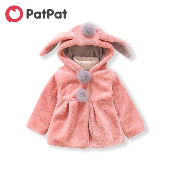 Primavera e outono bebê criança menina adorável coelho orelha decoração pompon lã contínua quente casaco 210528
