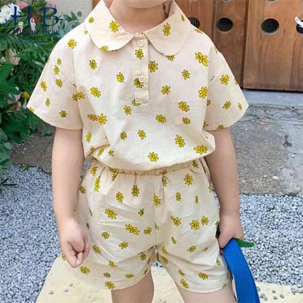 

boy clothes set summer short sleeve floar printed t-shirt+shorts 2pcs cute toddler kids for 2-6y 210611, White