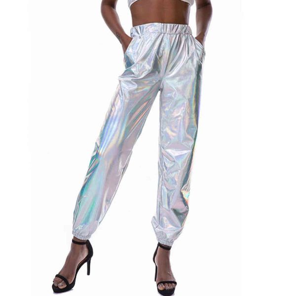 Mulheres Brilhantes Rasgar calças soltas roupas holográficas calças de prata dança wetlook hip hop pants calças calças studias streetwear y211115