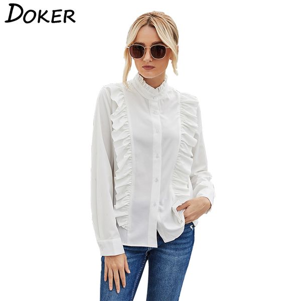 

elegant ruffle long sleeve women shirt single breasted white stand collar office ladies shirts chemise femme 210423
