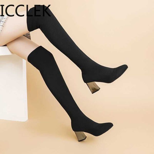 

women boots high heels over the knee boot knitting socks booties stretch fabric thigh high boots woman shoes high heels 210911, Black