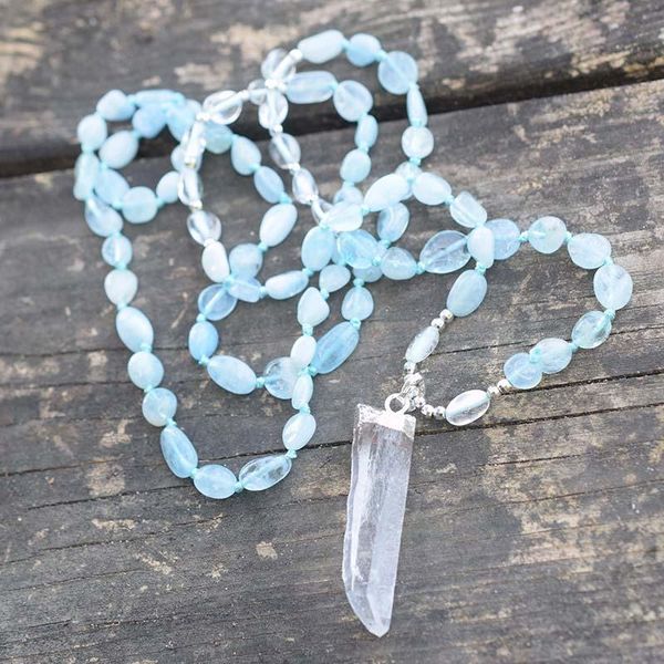 

pendant necklaces natural quartz aquamarines stone nuggets beads knot handmade necklace, Silver