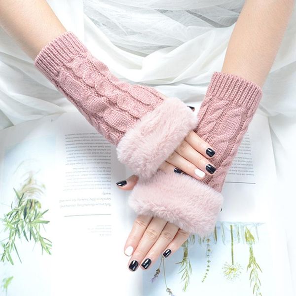 

sports gloves autumn winter solid color students write keep warm knitting lady fingerless protection hand hair mouth, Black