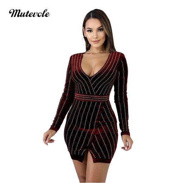 

casual dresses mutevole women autumn long sleeve bodycon beading dress v neck short party elegant back zipper slim mini club, Black;gray
