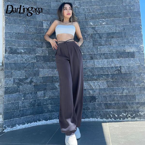 

women's pants & capris darlingaga korean fashion straight high waist women solid lace up casual long trousers ladies office wide leg, Black;white