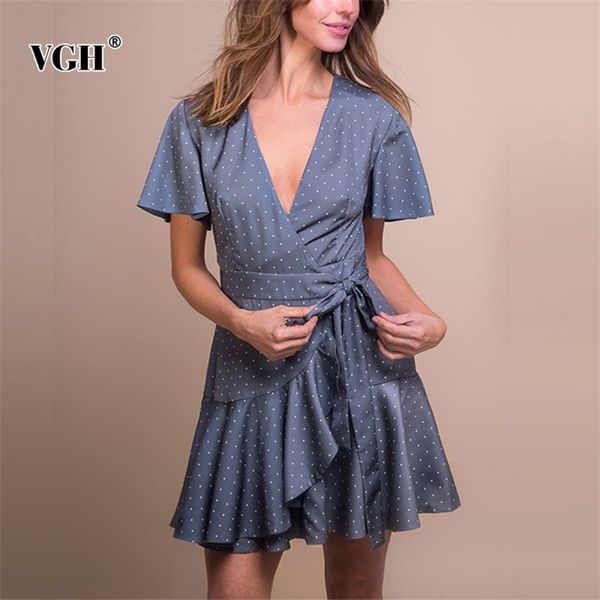 

polka dot mini dress female v neck short sleeve belt high waist draped dresses womens summer sweet clothing 210531, Black;gray