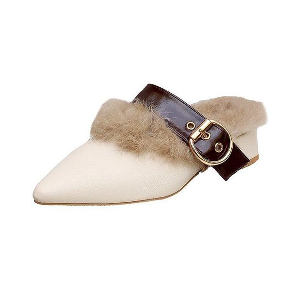 

slippers winter women fluffy women's fashion loafers pointed toe hair slip on half indoor outdoor warm, Black