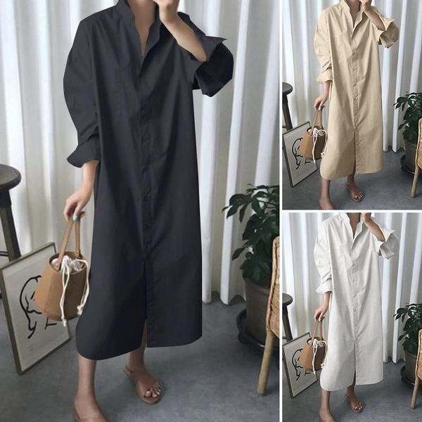 

casual dresses zanzea autumn sundress elegant women lapel neck long shirt dress sleeve solid vestido loose work oversized, Black;gray