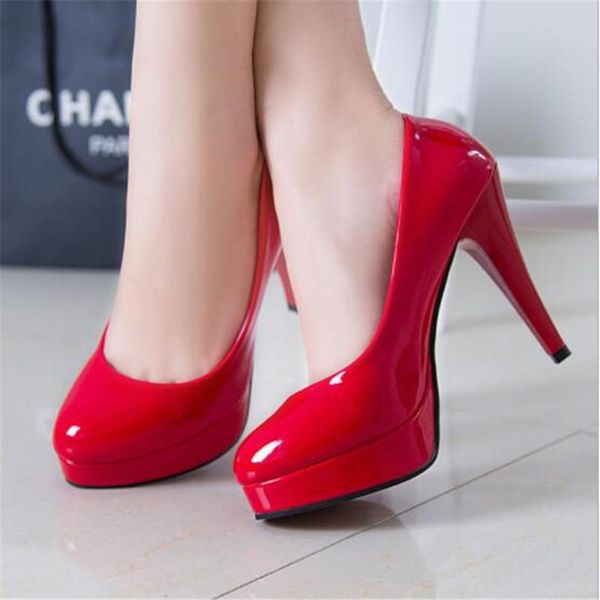 

dress shoes women pumps fashion classic patent leather high heels nude sharp head paltform wedding plus size 34-42, Black