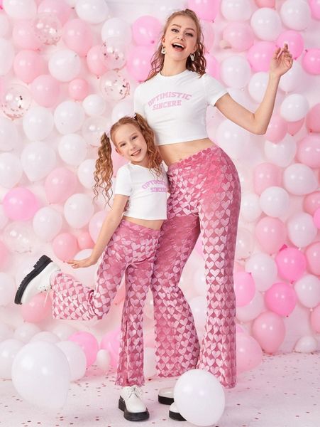 

1pc heart allover pattern flare leg pants b89u#, Black;white
