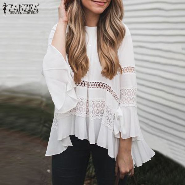 

blouses bohemian lace women's hollow blouses 2021 casual flare sleeve shirts female o neck tunic plus size chemise s-5xl 7, White