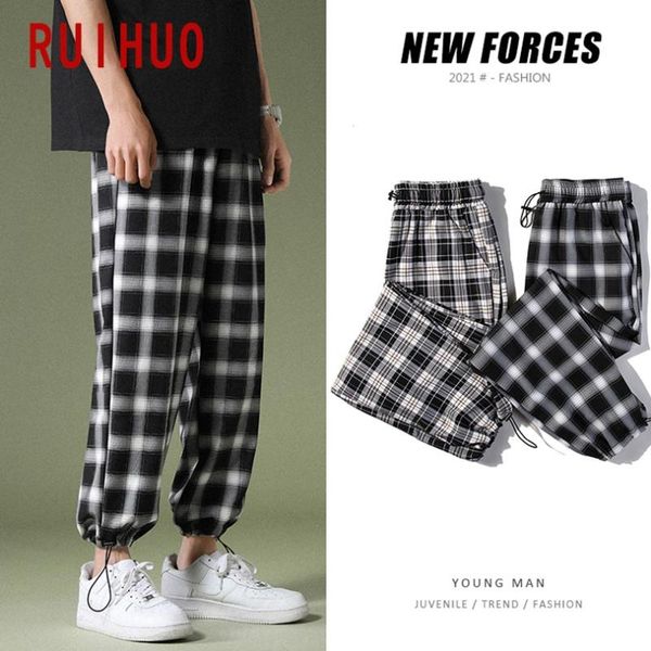 

men's pants ruihuo casual plaid harajuku clothing black checkered korean style checked trousers ankle-length 2021
