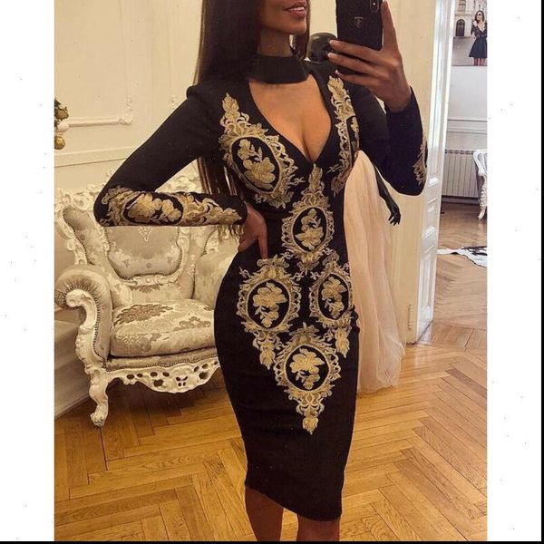 

fashion womens dresses women long sleeves deep v neck print bodycon club party dress s xl, Black;gray