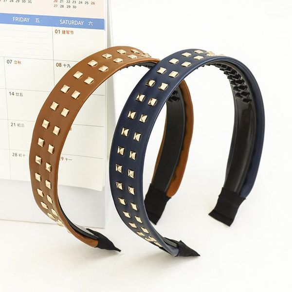 

temperament pu rivet wide side women hairband accessory serrated edge leather hair hoop headwear lady fashion jewelry1