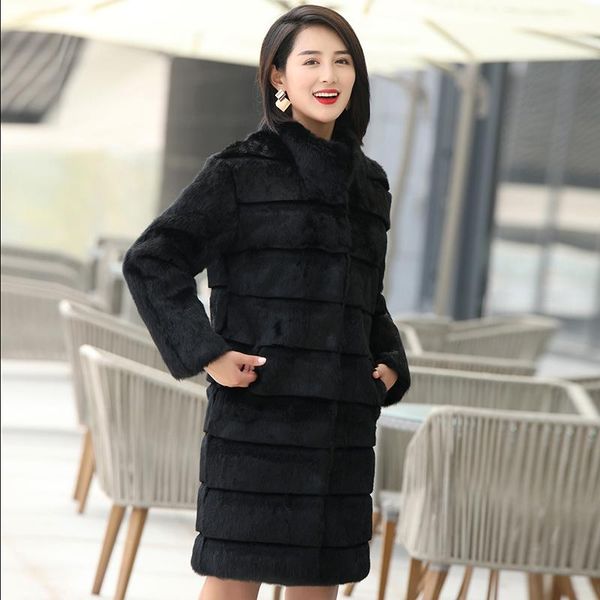 

women's fur & faux real winter jacket women clothes 2021 luxury korean jackets long coat female vintage overcoat my3598, Black
